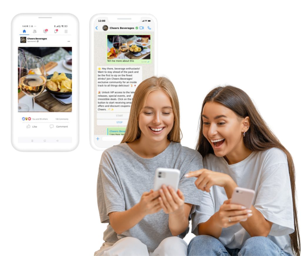 Esta imagen muestra a dos jóvenes entusiasmadas interactuando con sus teléfonos móviles, destacando una experiencia de compra a través de WhatsApp Business. En la pantalla de los dispositivos, se visualizan ejemplos de mensajes promocionales y campañas de marketing, como la de una empresa de bebidas llamada Cheers Beverages. El propósito de la imagen es ilustrar cómo las empresas pueden utilizar WhatsApp y redes sociales como Facebook para atraer clientes, crear promociones exclusivas, generar interacción y ofrecer ofertas personalizadas de manera eficiente. Esta estrategia fomenta una comunicación directa y personalizada con los consumidores.
