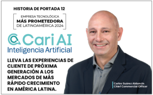 Retrato de Carlos Suárez Alduncin, Chief Commercial Officer de Cari AI, junto al anuncio de la empresa como la tecnológica más prometedora de Latinoamérica 2024.