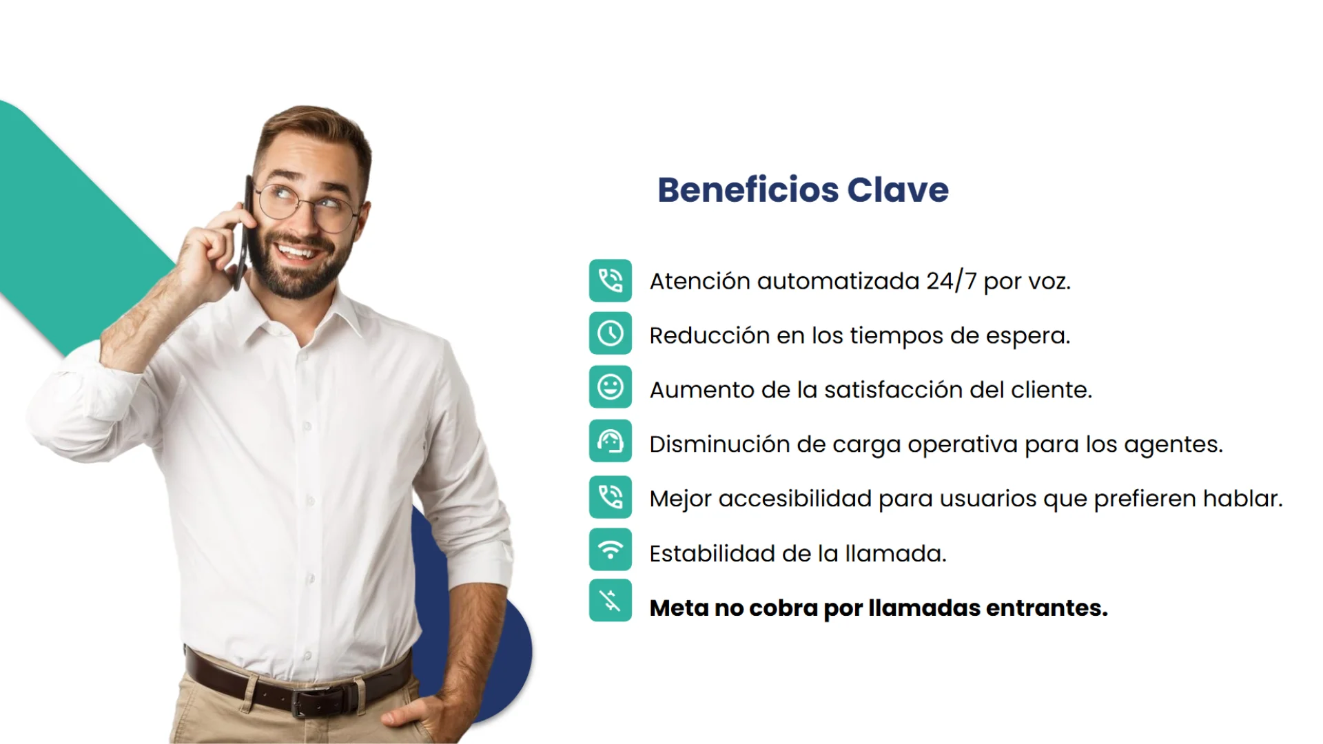 Atención al cliente automatizada 24/7 con beneficios como reducción de espera, mayor satisfacción y estabilidad de llamadas sin costo entrante con Meta.
